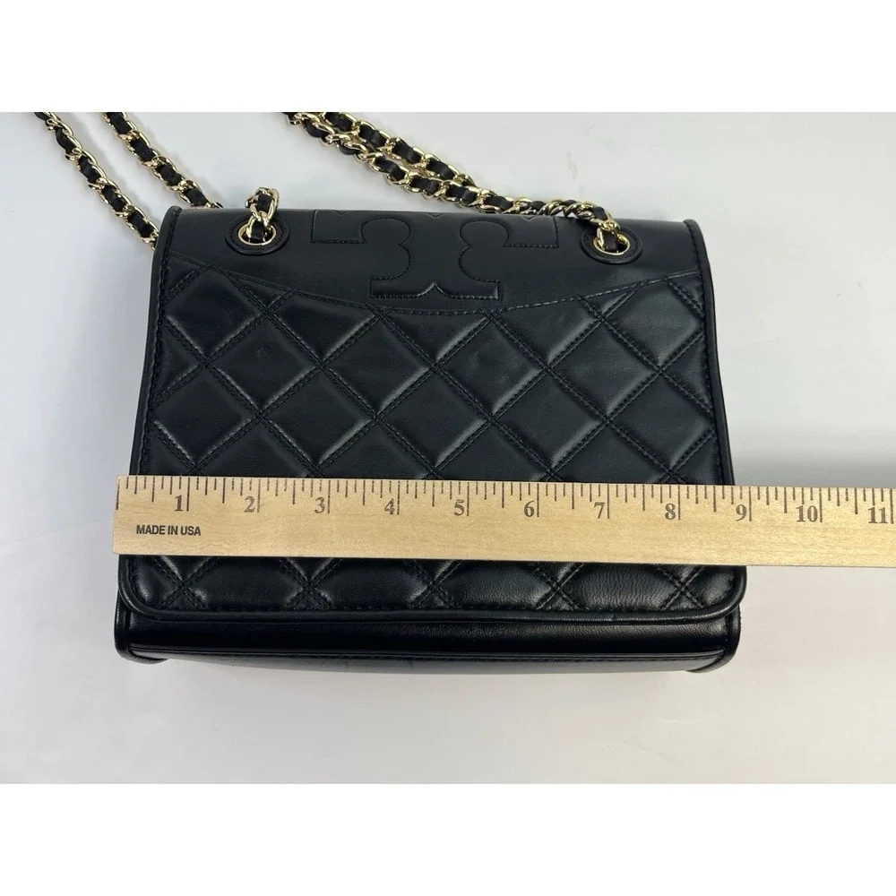 TORY BURCH Black Quilted Leather SAVANNAH Small Flat Chain Strap Tote Bag